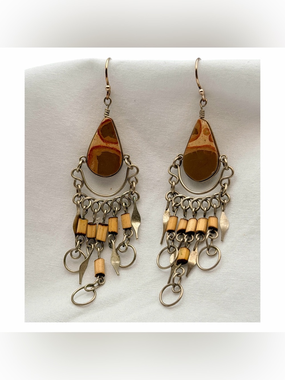 Handcrafted Picture-Jaspers Teardrop Dangle Chandelier Sterling Silver Earrings